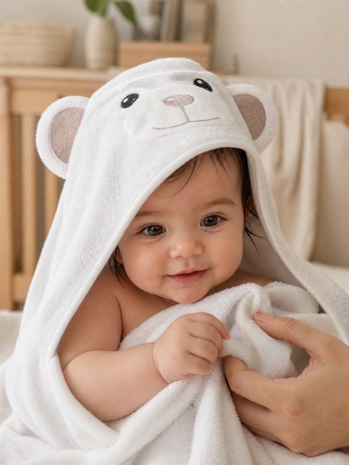 A smiling baby in a white bear MiniBoo hooded towel, tiny hands gripping the soft fabric.