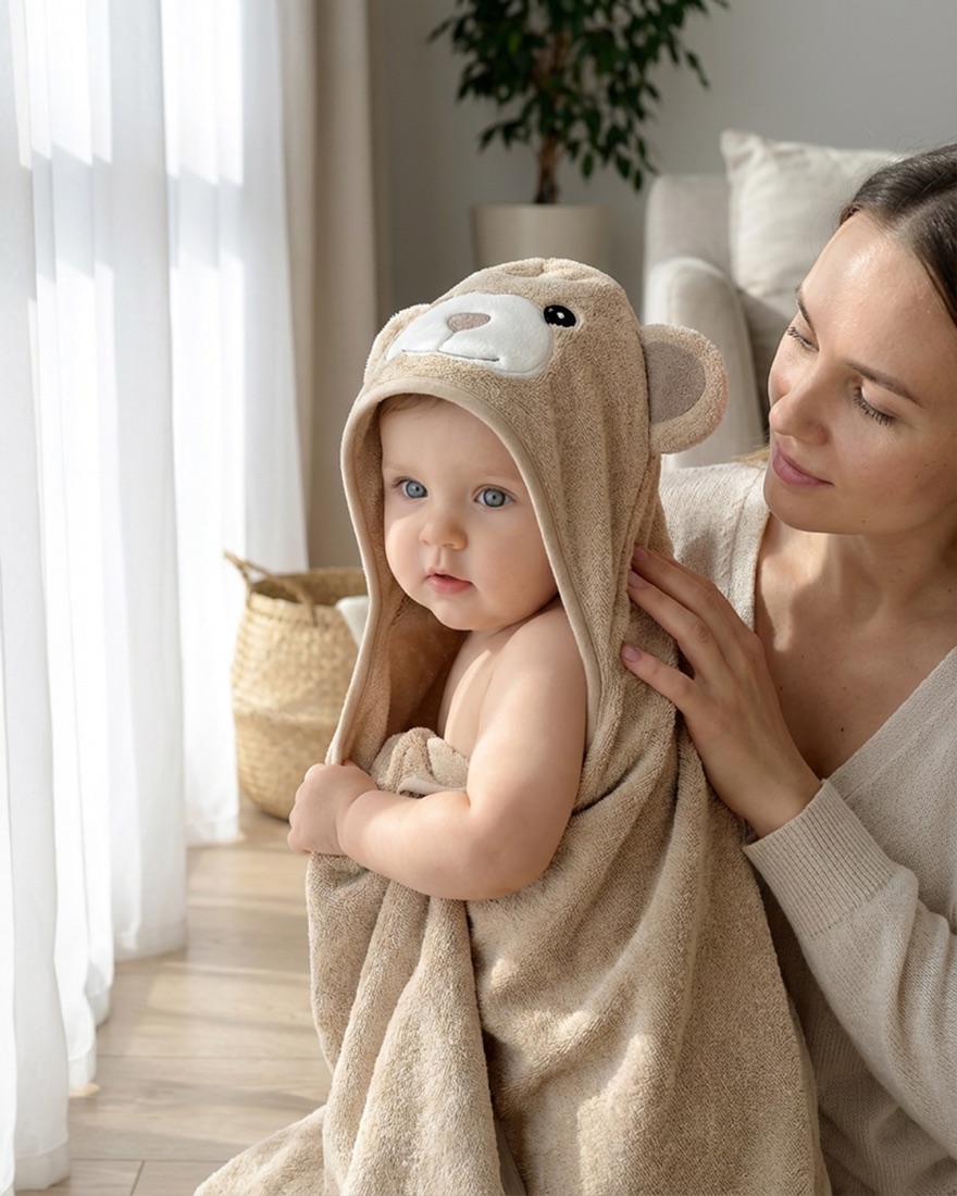 A toddler standing wrapped in a beige bear hooded towel next to a parent in a sunlit room.