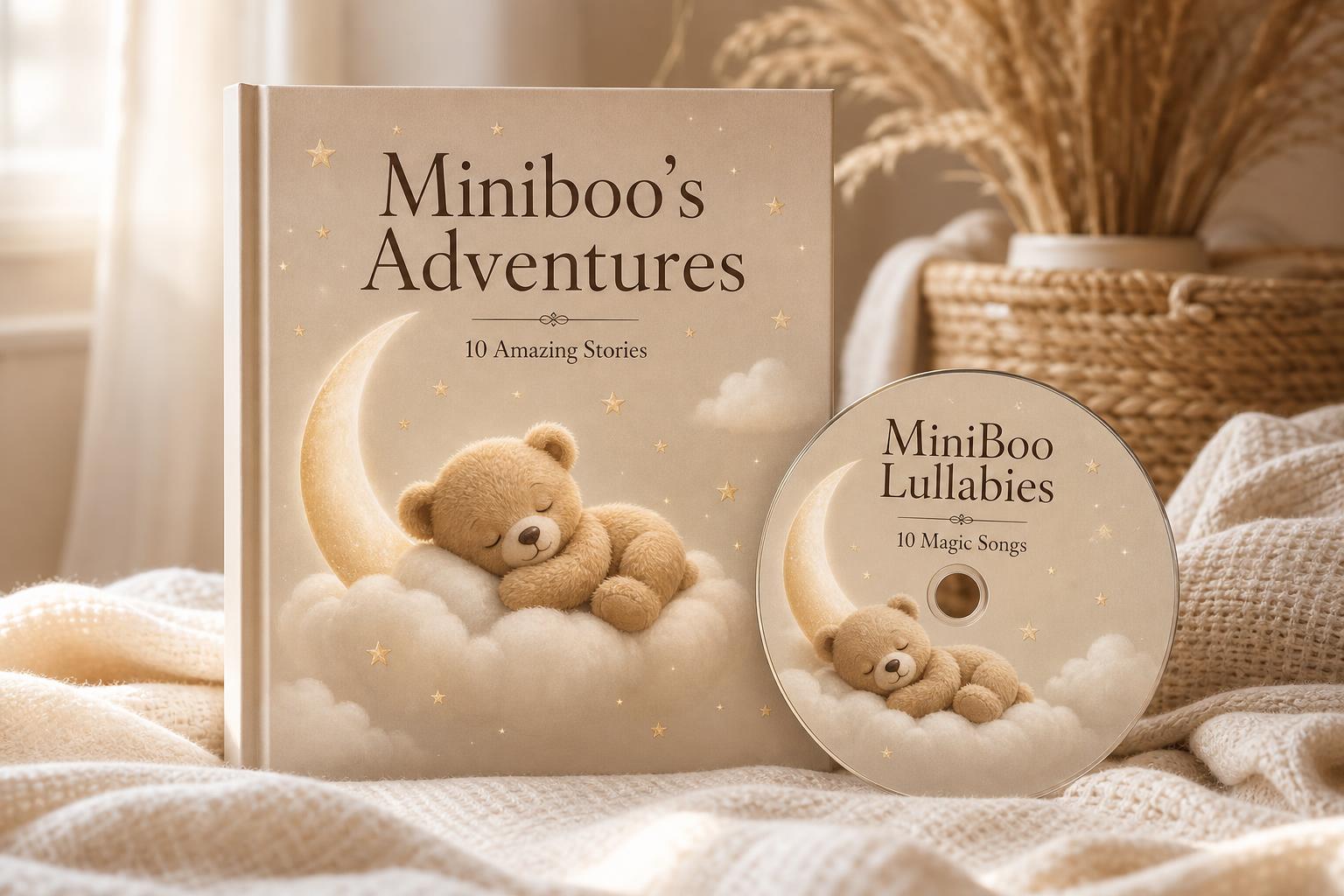 The MiniBoo storybook 'Miniboo's Adventures' and the 'MiniBoo Lullabies' disc resting on a soft cream blanket.